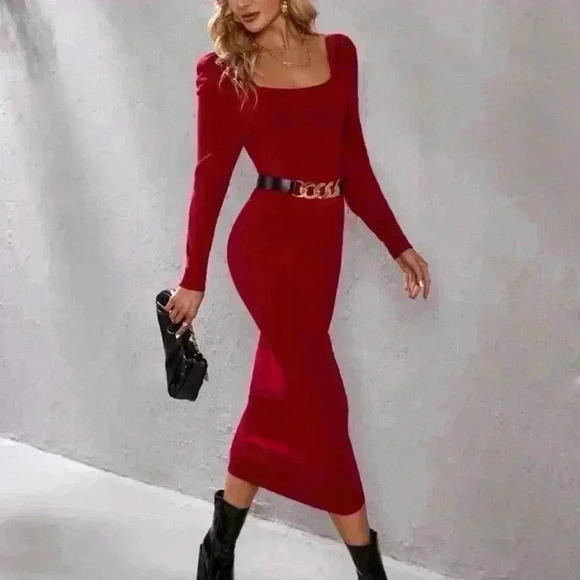 unbranded Dresses & Skirts - NWT Modely Puff Sleeve Knit Dress Without Belt Burgundy L-XL
